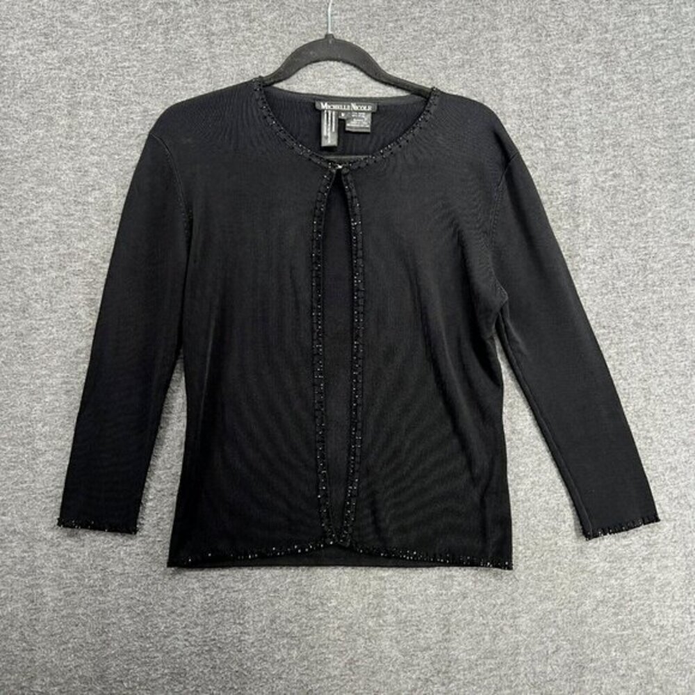 Michelle Nicole Sweater Womens Size Medium Black Beaded Open Front Embellished